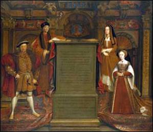 Henry VII and Henry VIII at left, Elizabeth of York and Jane Seymour, at right. Copy of the Holbein's Whitehall Mural, ca. 1667