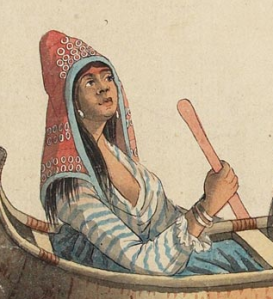 Wabanaki red woolen hood with blue ribbon trim and trade silver (detail from image below)